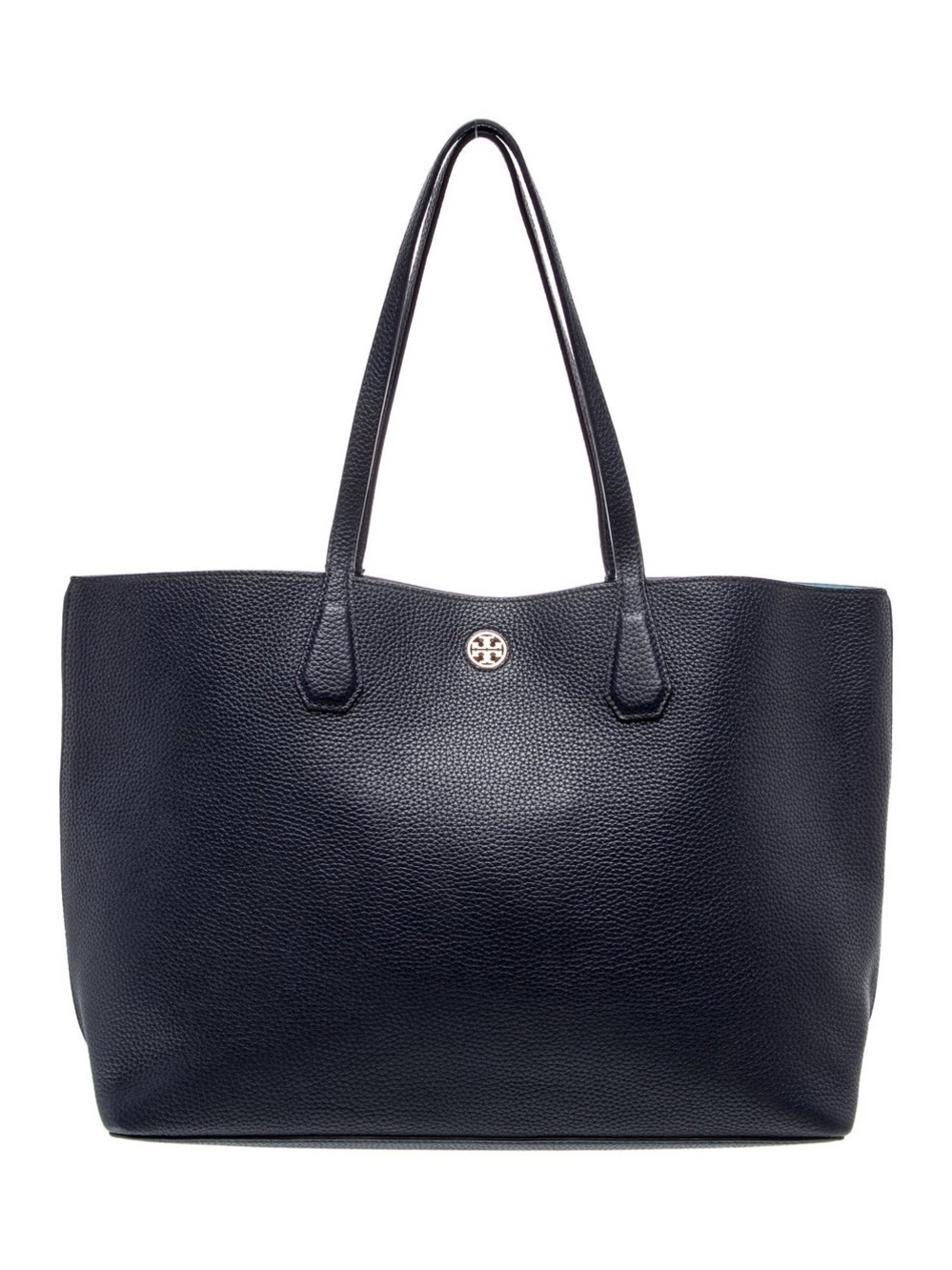 Tory Burch Navy Pebbled Leather McGraw Tote with Gold Logo
